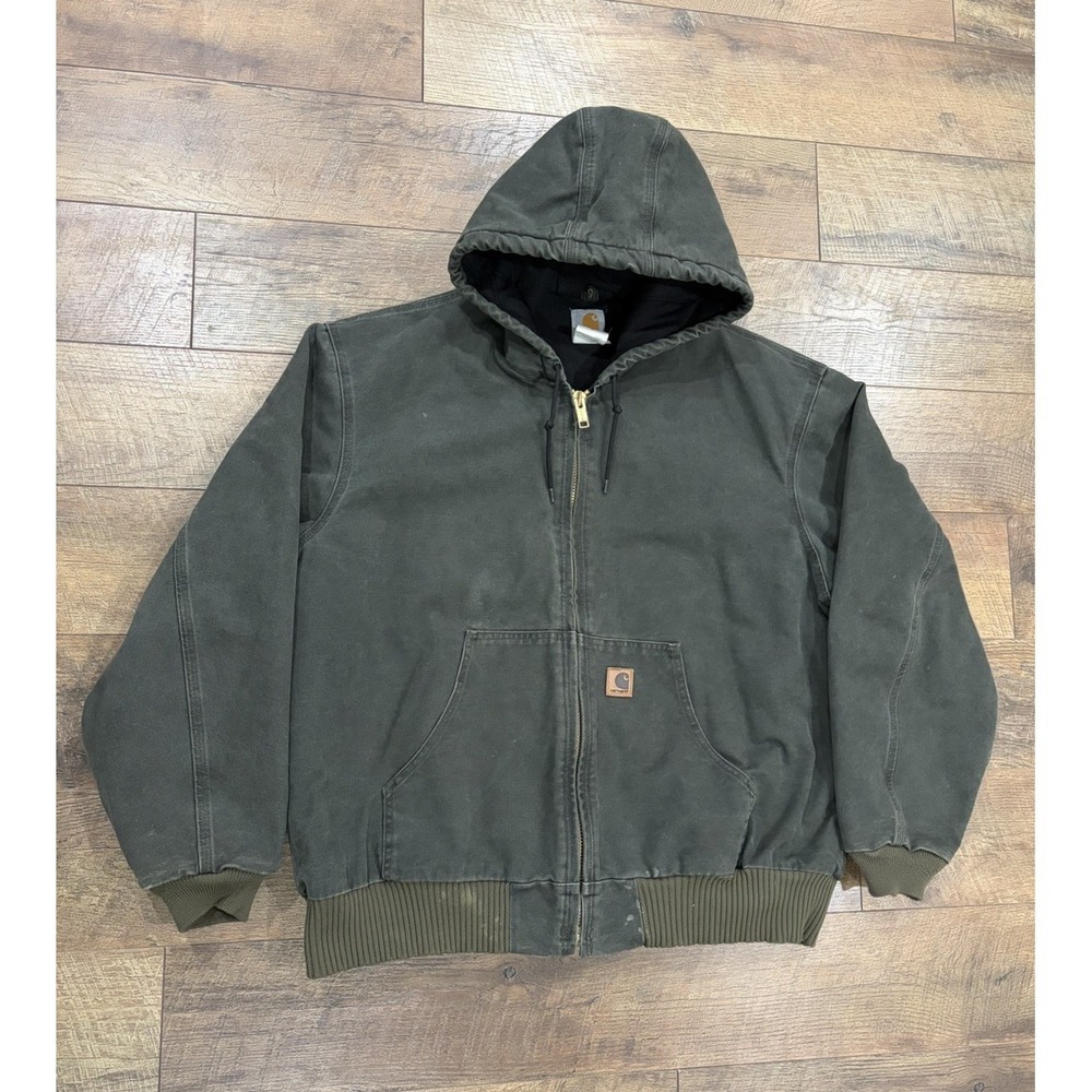 Vintage Carhartt J130 Active Jacket MOS Green XXL Full Zip Hooded‎ Canvas Y2k